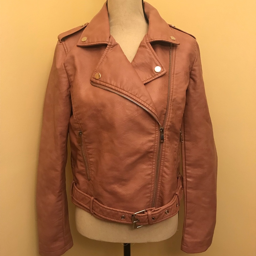 NWT dark blush pink faux leather moto jacket